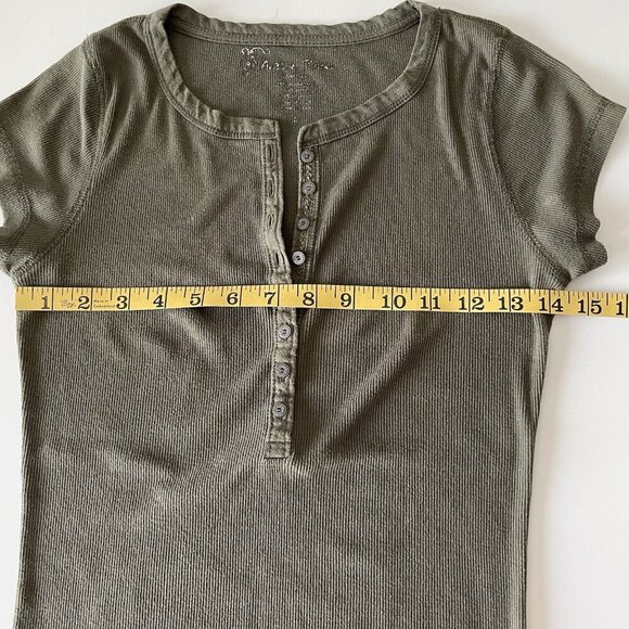 Vintage Y2K Womens Large Fitted Button Henley Baby Tee Olive Green Bella Swan - Picture 4 of 8